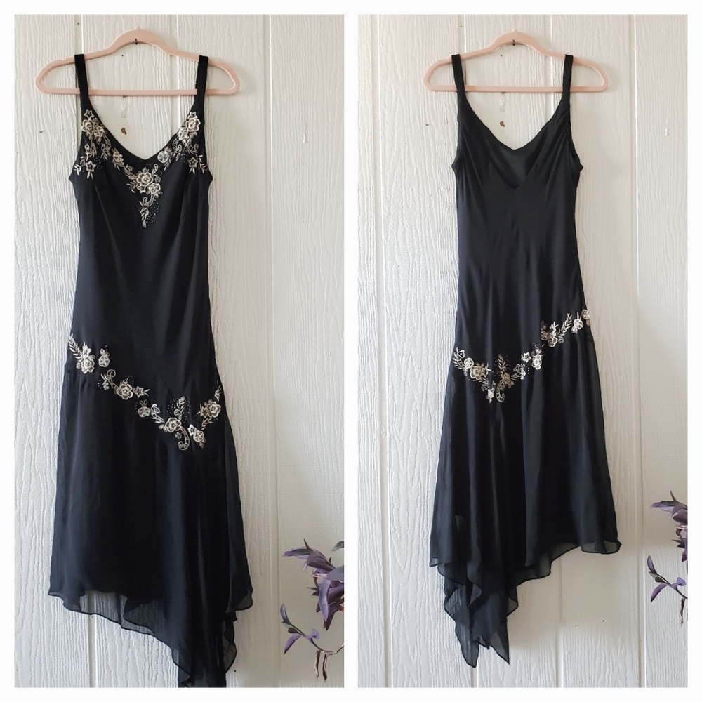 Dress Barn Silk Chiffon Floral Embroidered Sequin Sleeveless V Neck Black sz 14